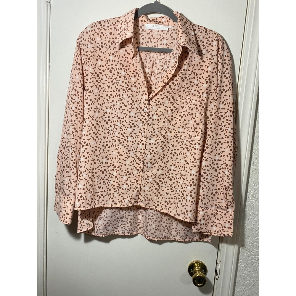 ASTR The Label Peachy Salmon Pink Multi Print Button Down Shirt Women's Size S